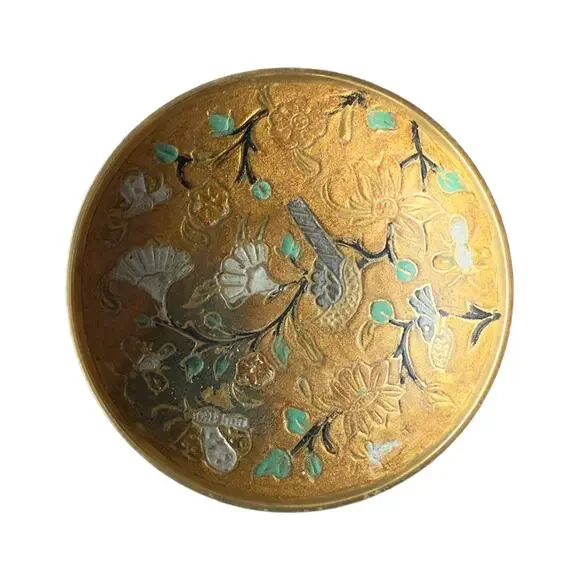 Brass Cloisonné Decorative Trinket Pedestal Dish/Bowl Birds Flowers Vtg 1970s - Picture 7 of 7